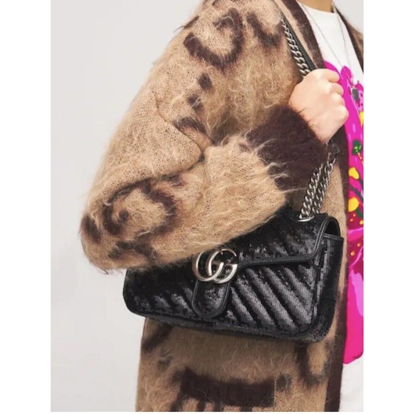 NEW GUCCI MARMONT SEQUIN LEATHER BLACK CROSSBODY SHOULDER BAG PURSE AUTH BOX! - Picture 7 of 16